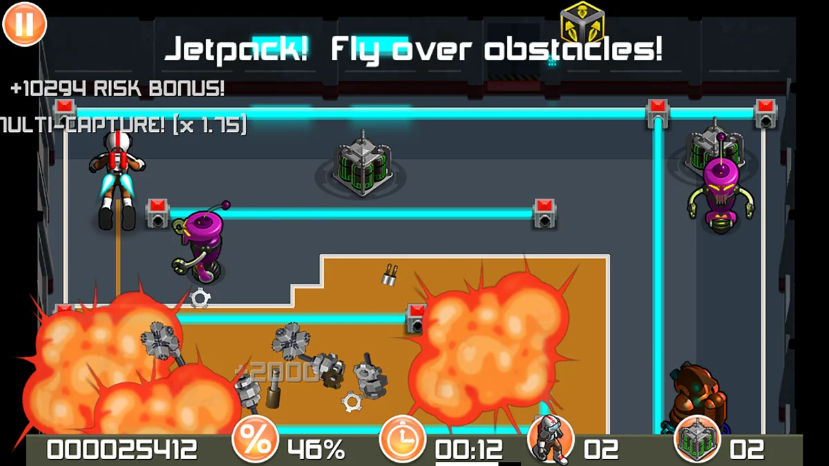 The jetpack power-up carries the astronaut over a laser fence while captured robots explode below