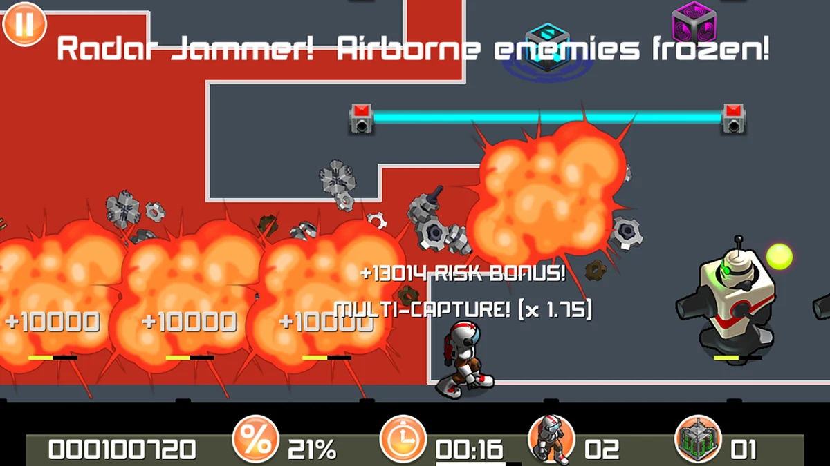 The radar jammer freezes airborne enemies as a row of robots is captured at once