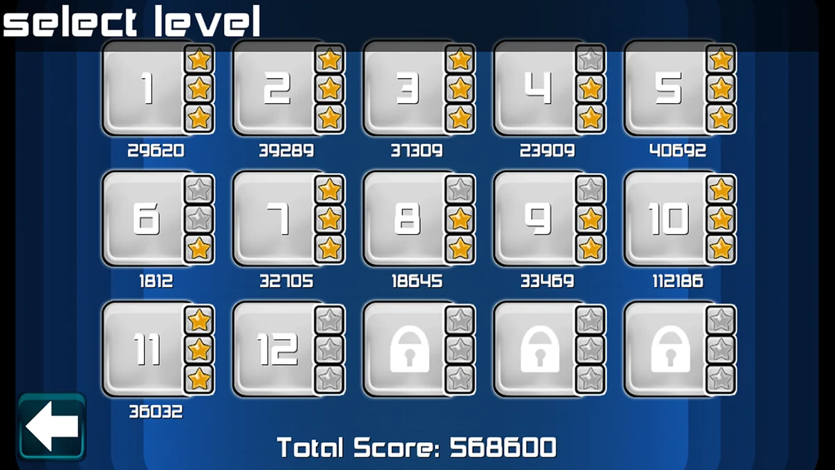 The level select screen, showing star ratings and high scores for each level